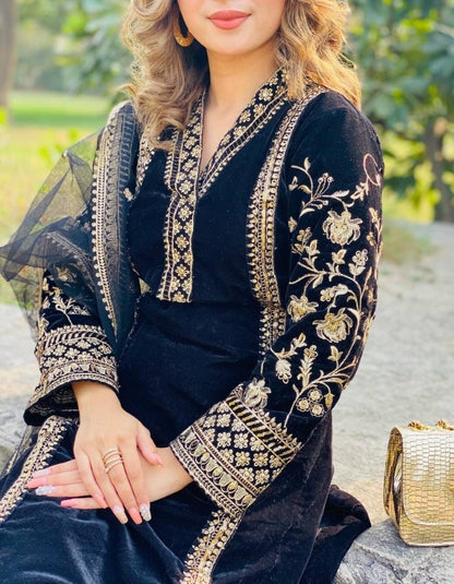 Black velvet embroidery work party wear palazzo suit