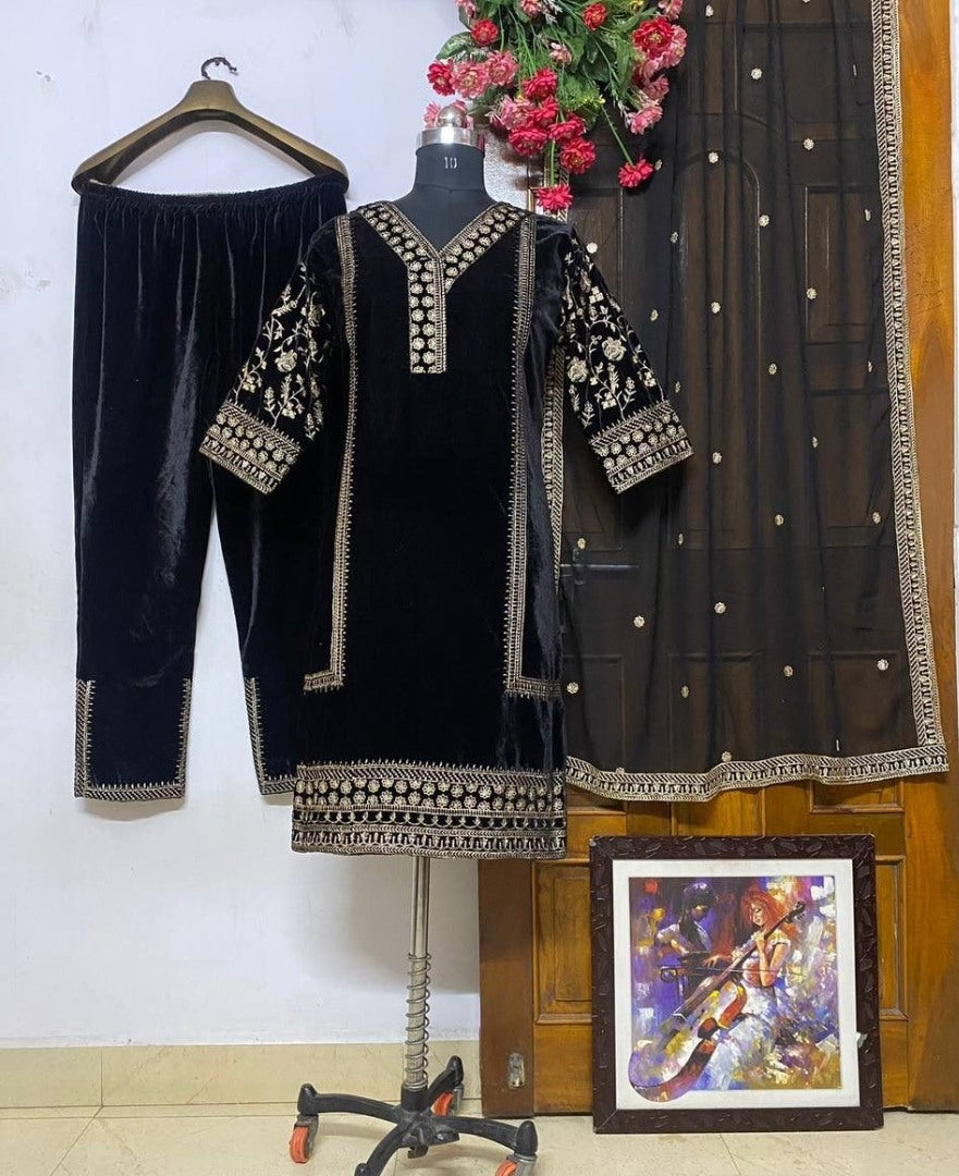 Black velvet embroidery work party wear palazzo suit