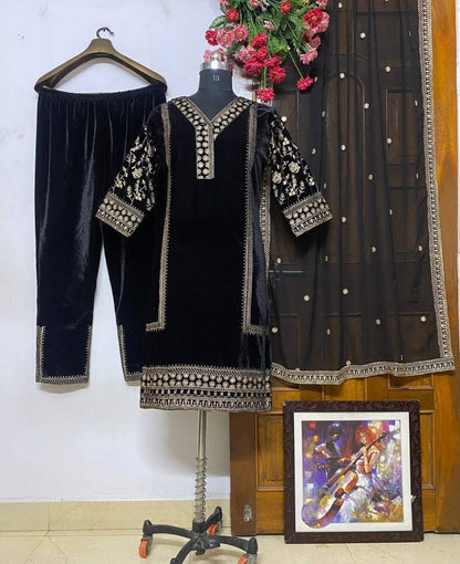 Black velvet embroidery work party wear palazzo suit