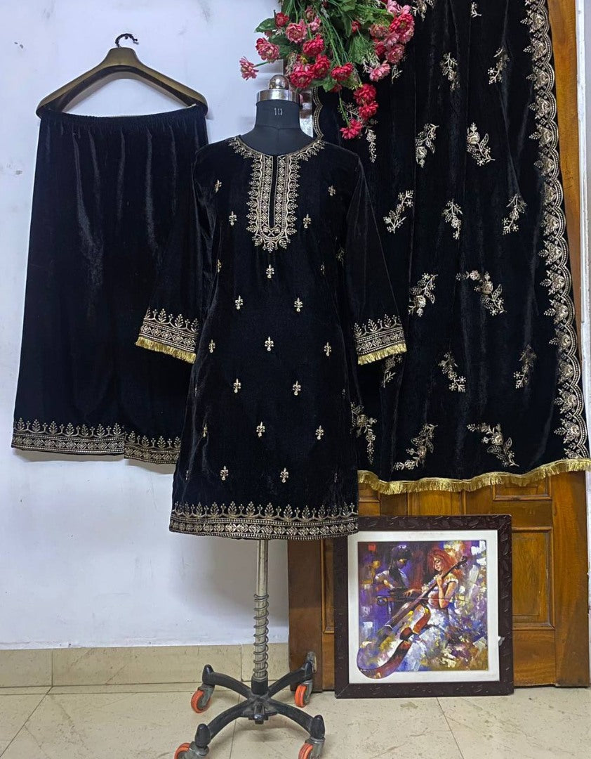 Black velvet embroidery work plazzo suit