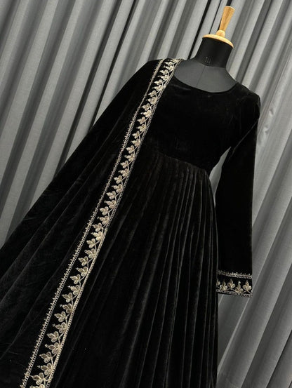 Black velvet embroidery worked long gown