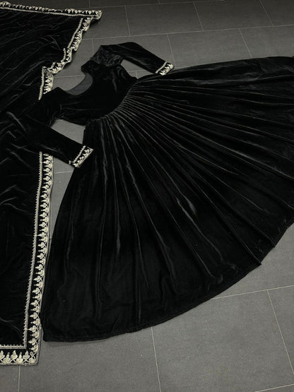 Black velvet embroidery worked long gown