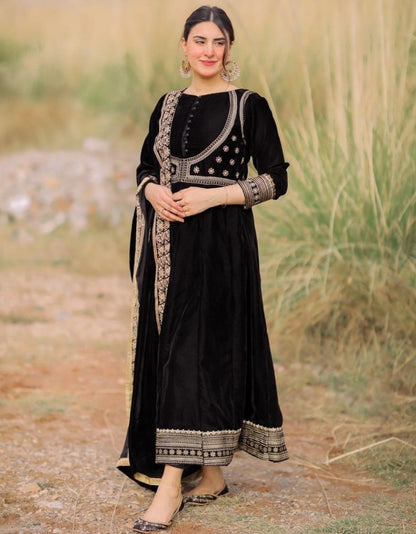 Black velvet embroidery worked party wear anarkali suit