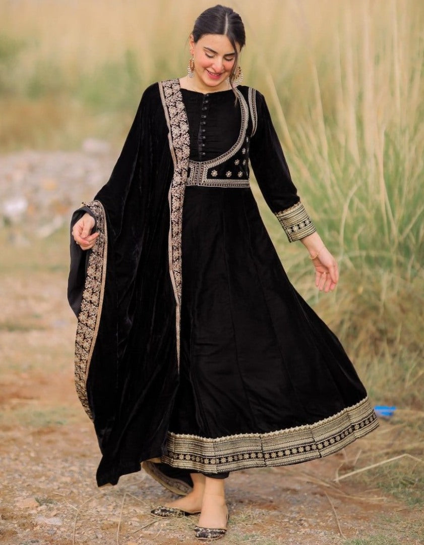 Black velvet embroidery worked party wear anarkali suit
