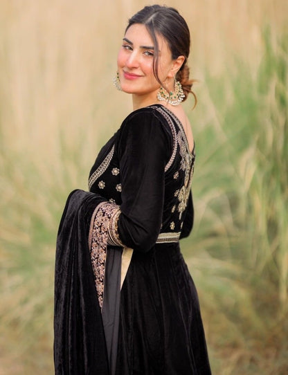 Black velvet embroidery worked party wear anarkali suit