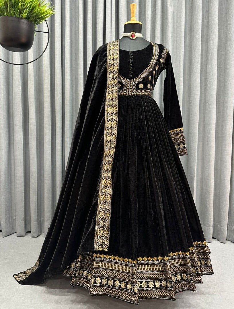 Black velvet embroidery worked party wear anarkali suit