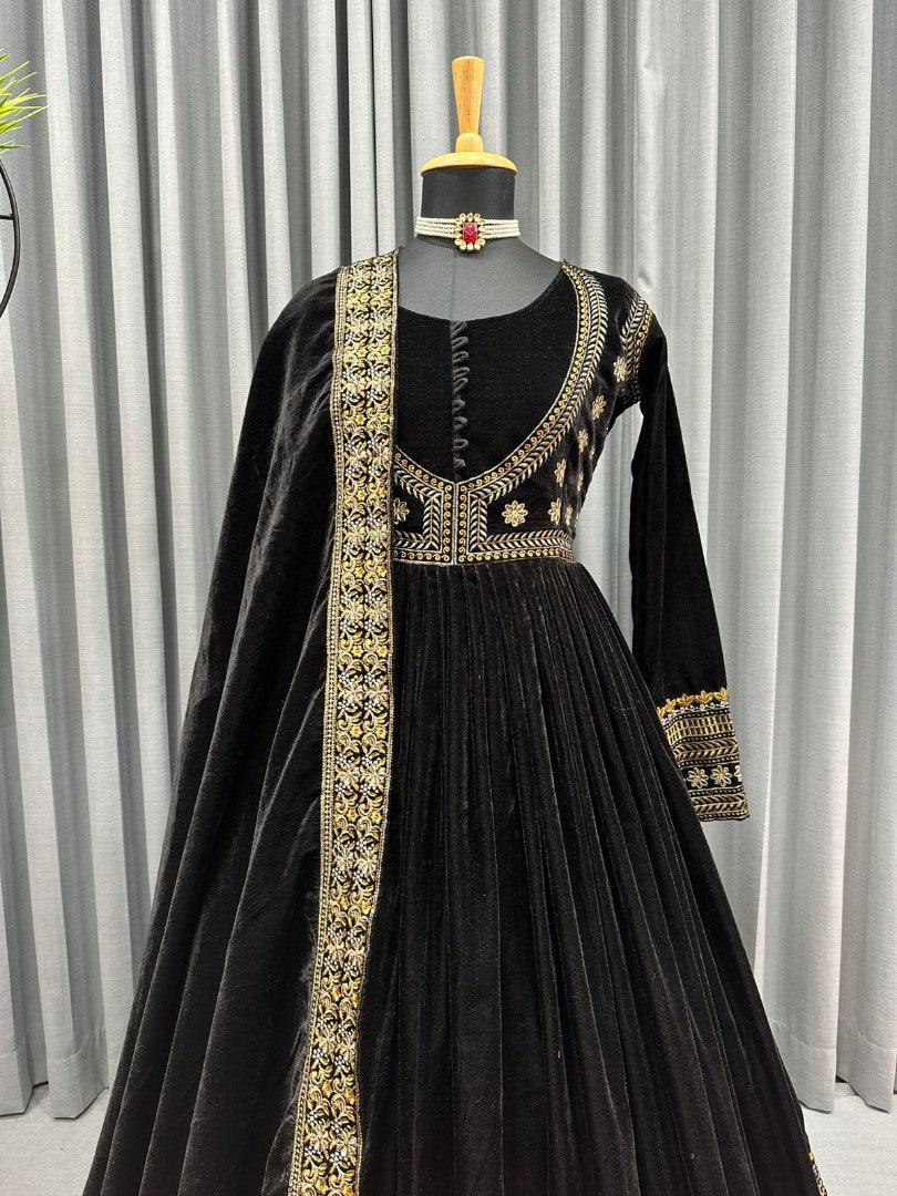 Black velvet embroidery worked party wear anarkali suit