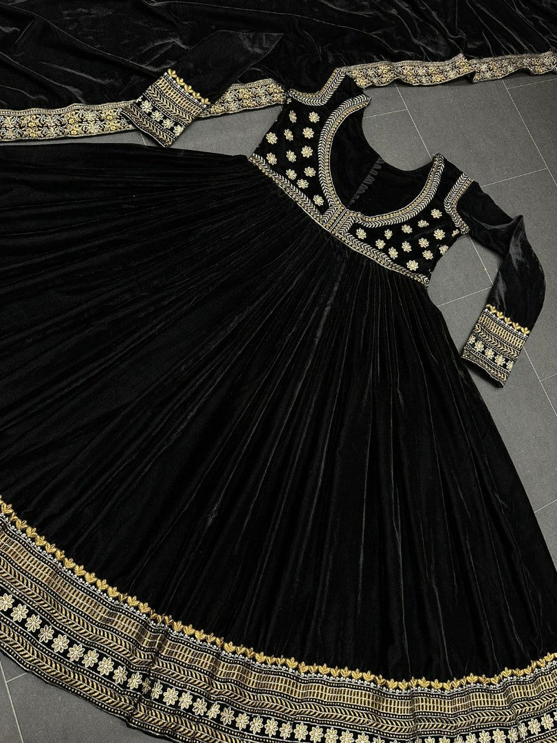 Black velvet embroidery worked party wear anarkali suit