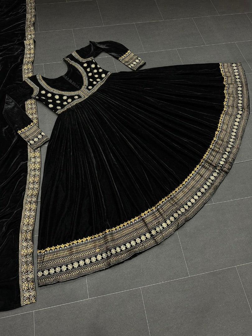 Black velvet embroidery worked party wear anarkali suit