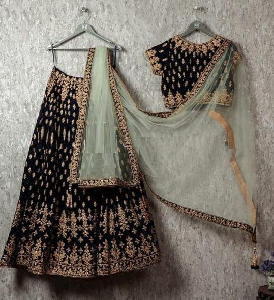 Black velvet heavy designer embroidered wedding lehenga choli