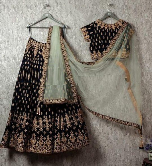 Black velvet heavy designer embroidered wedding lehenga choli