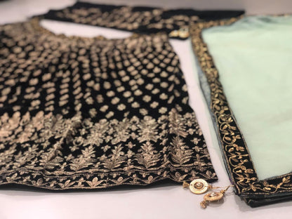 Black velvet heavy designer embroidered wedding lehenga choli
