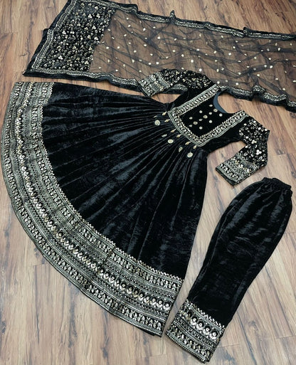 Black velvet heavy embroidered anarkali gown for wedding function