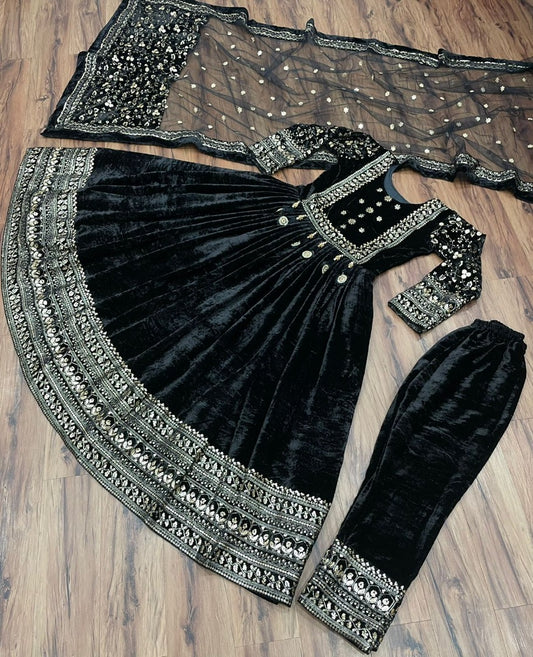 Black velvet heavy embroidered anarkali gown for wedding function