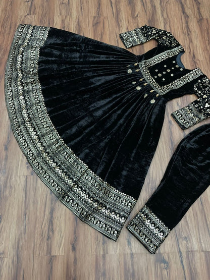 Black velvet heavy embroidered anarkali gown for wedding function