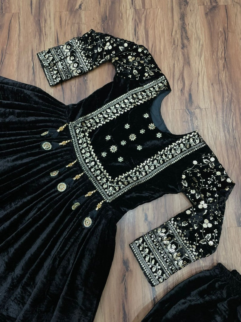 Black velvet heavy embroidered anarkali gown for wedding function