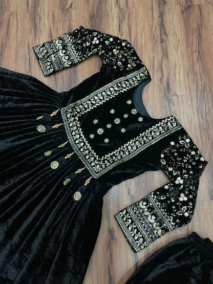 Black velvet heavy embroidered anarkali gown for wedding function