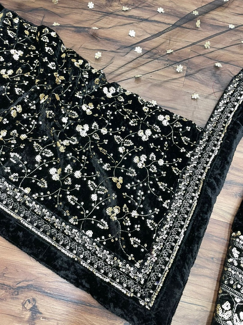 Black velvet heavy embroidered anarkali gown for wedding function