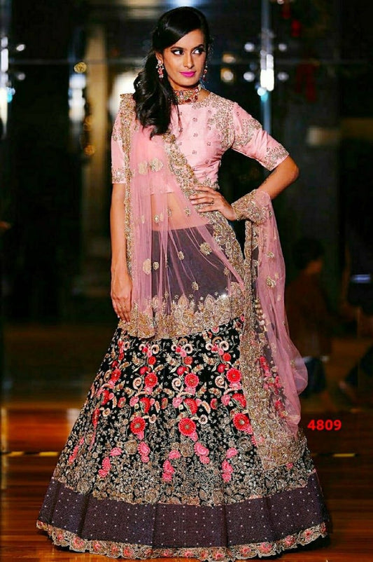 Black velvet heavy embroidered bridal lehenga