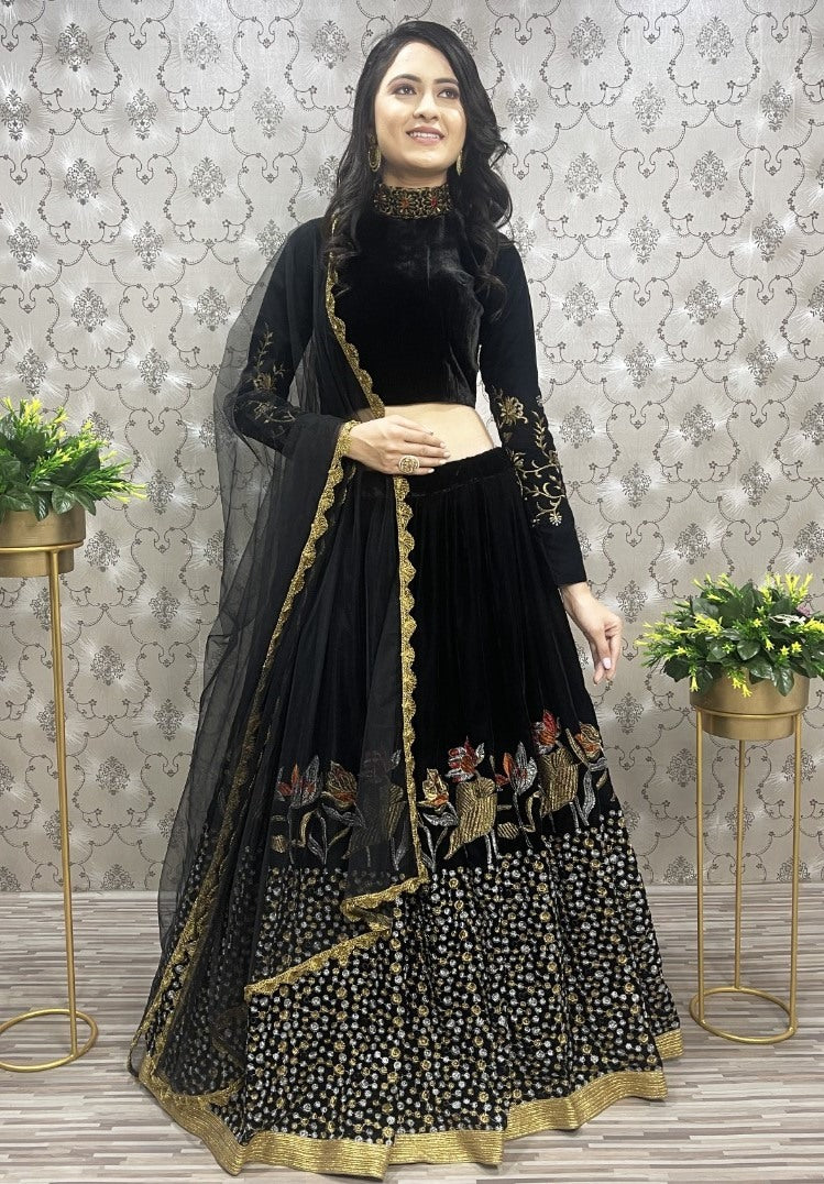 Black velvet heavy embroidered lehenga choli