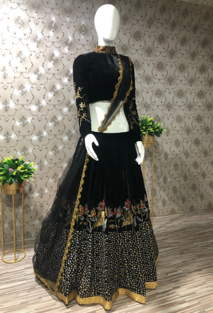 Black velvet heavy embroidered lehenga choli