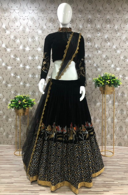 Black velvet heavy embroidered lehenga choli
