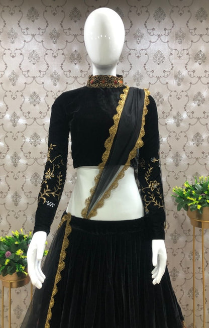 Black velvet heavy embroidered lehenga choli