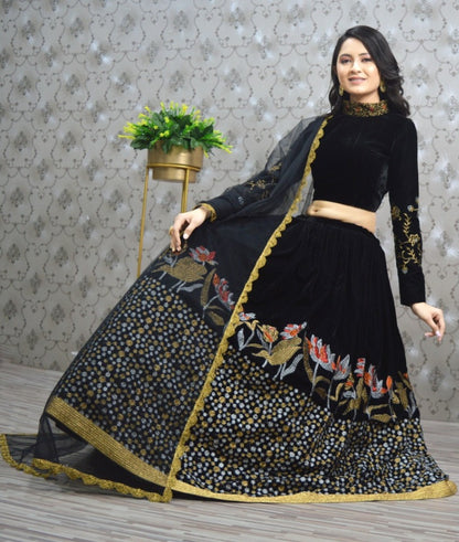 Black velvet heavy embroidered lehenga choli