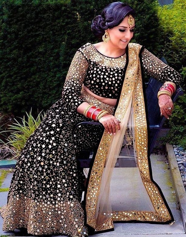 Black velvet heavy embroidered mirror work wedding lehenga choli