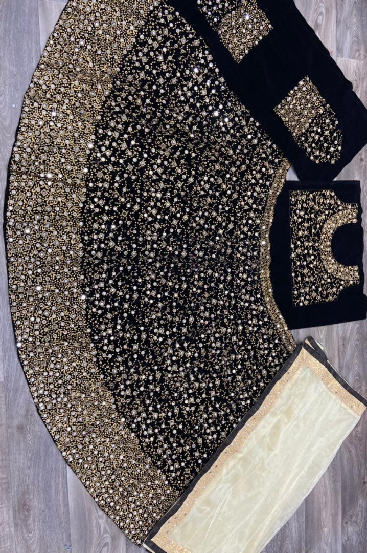 Black velvet heavy embroidered mirror work wedding lehenga choli