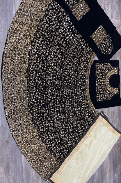 Black velvet heavy embroidered mirror work wedding lehenga choli