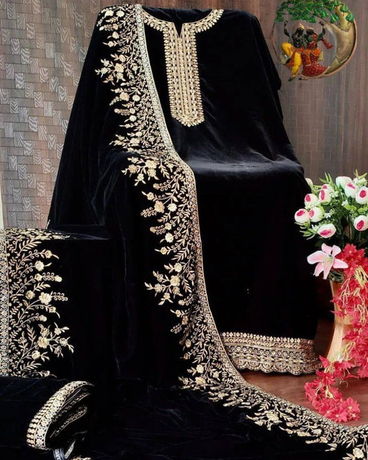 Black velvet heavy embroidery worked plazzo suit