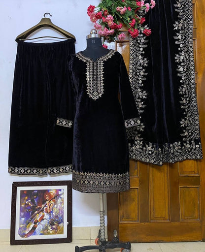 Black velvet heavy embroidery worked plazzo suit