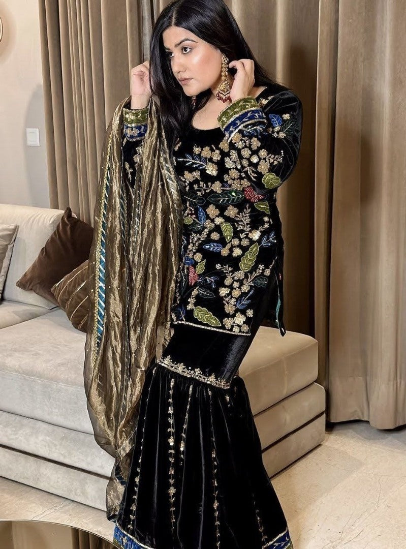 Black velvet heavy embroidery worked sharara suit