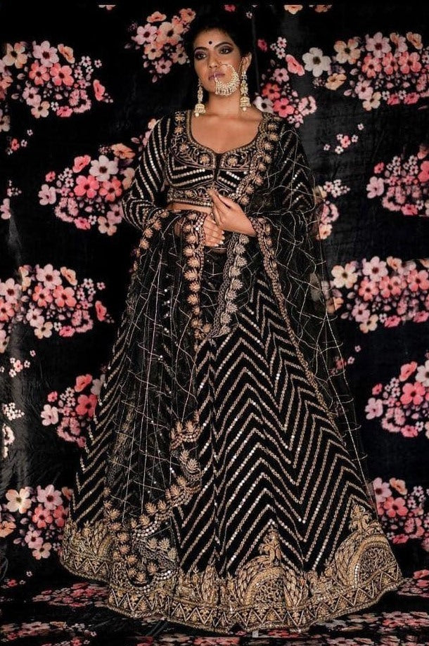 Black velvet heavy foil paper embroidered lehenga choli