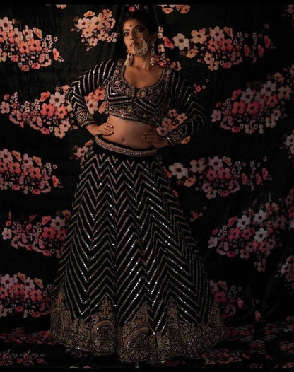 Black velvet heavy foil paper embroidered lehenga choli