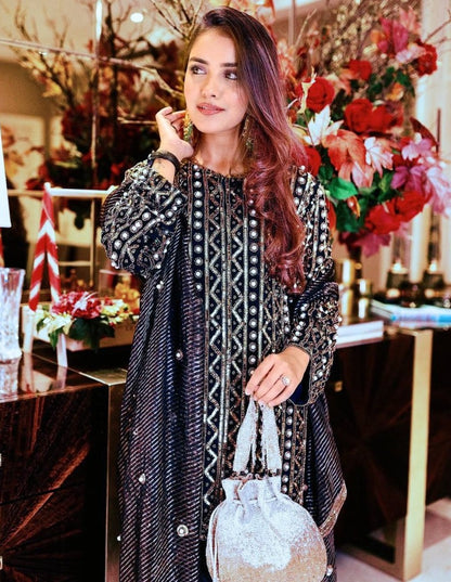 Black velvet heavy sequence embroidery work dhoti suit
