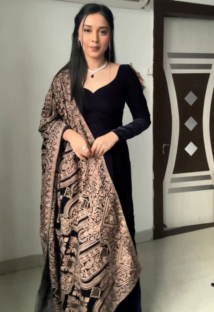 Black velvet long party wear gown with heavy dupatta