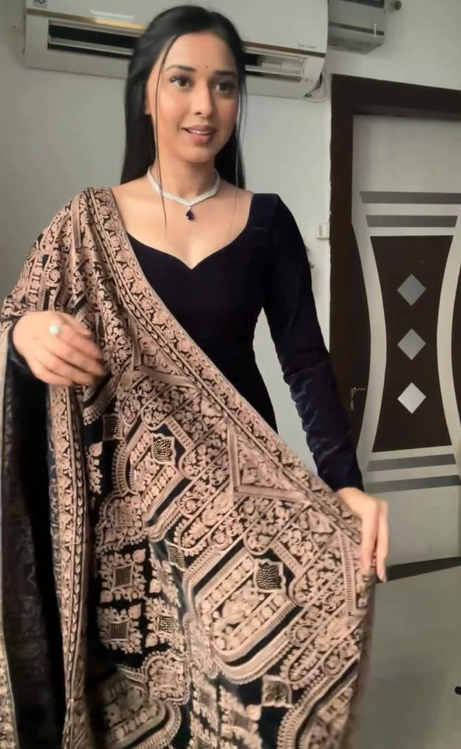 Black velvet long party wear gown with heavy dupatta