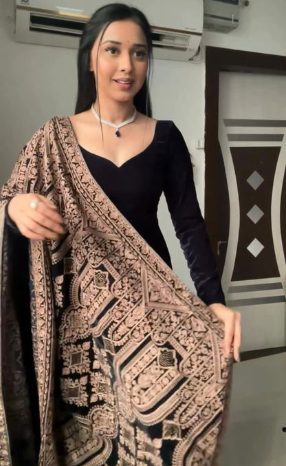 Black velvet long party wear gown with heavy dupatta