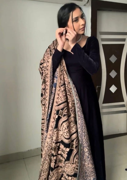 Black velvet long party wear gown with heavy dupatta