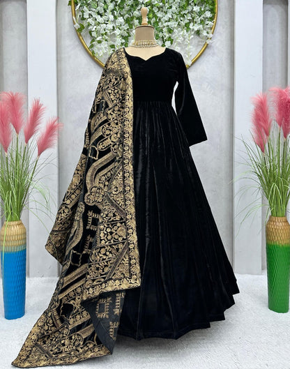Black velvet long party wear gown with heavy dupatta