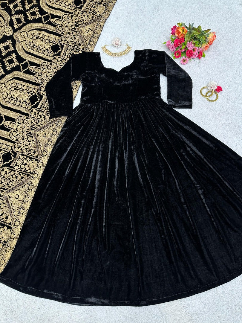 Black velvet long party wear gown with heavy dupatta