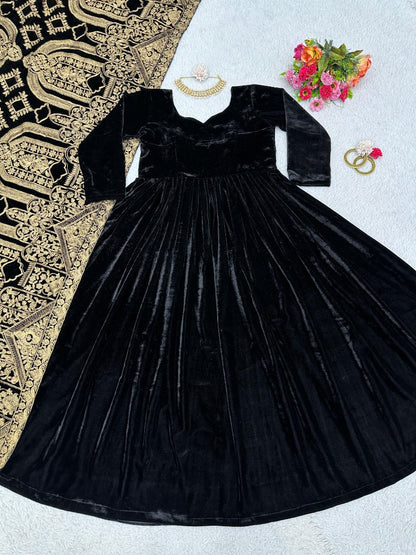Black velvet long party wear gown with heavy dupatta