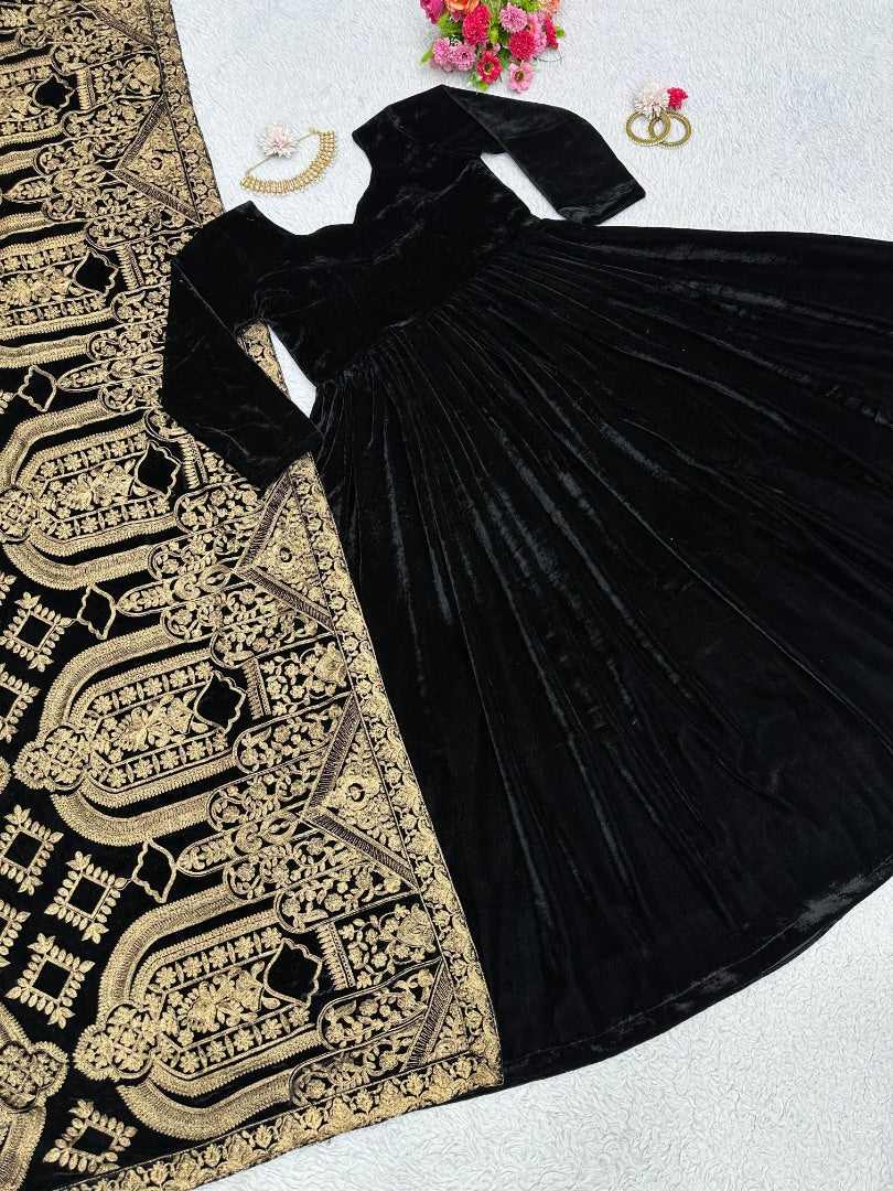 Black velvet long party wear gown with heavy dupatta