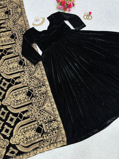 Black velvet long party wear gown with heavy dupatta