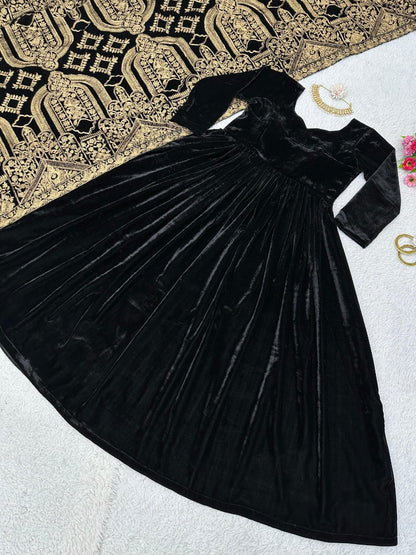 Black velvet long party wear gown with heavy dupatta