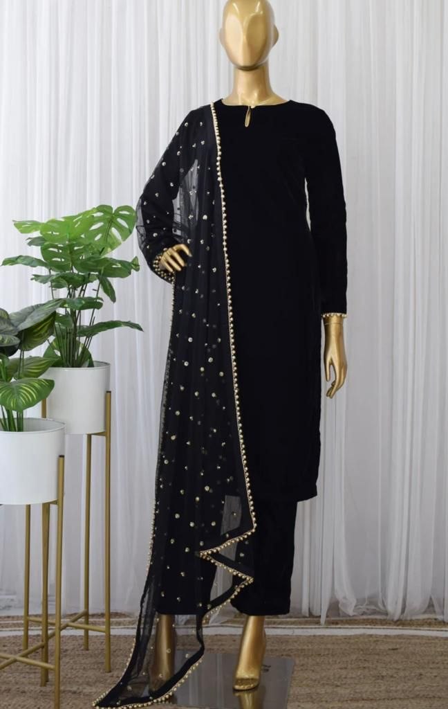 Black velvet party wear pant salwar suit