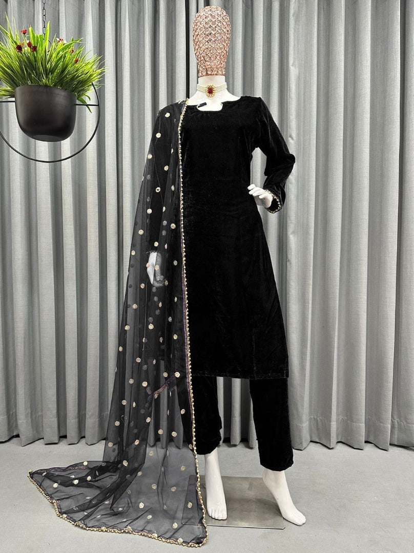 Black velvet party wear pant salwar suit
