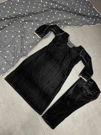 Black velvet party wear pant salwar suit